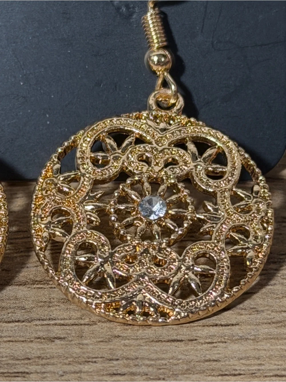 Paparazzi Gold Filigree Medallion Drop Earrings with Clear Stone